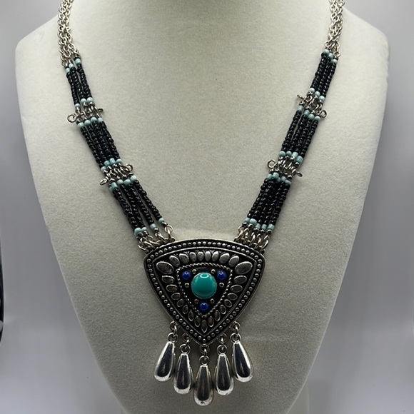 Vintage 90s Western Turquoise Silver Multi-Strand Beaded Necklace 16”